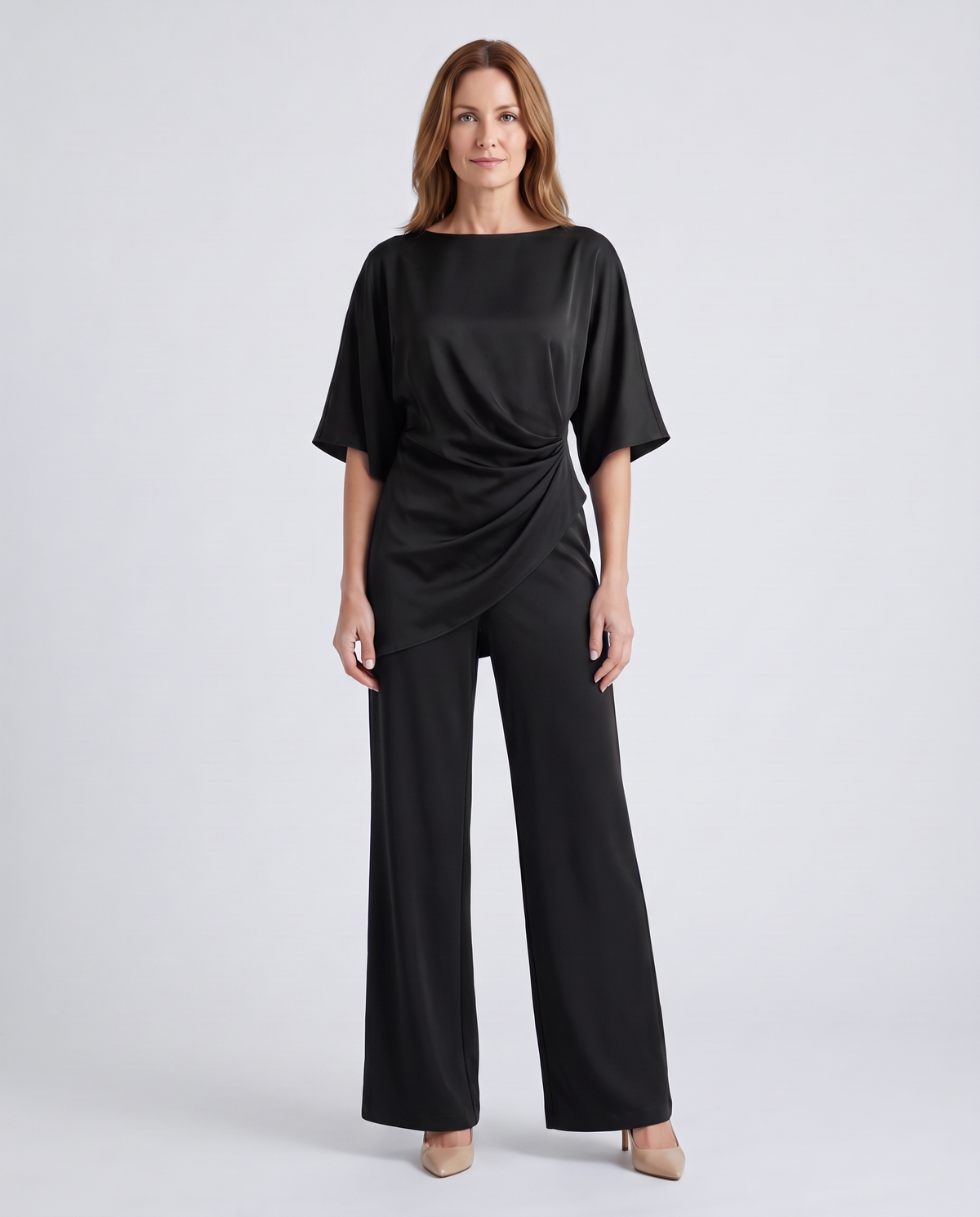 Paige | Women's Satin-Feel Draped Top and Wide-Leg Trouser Set - Black