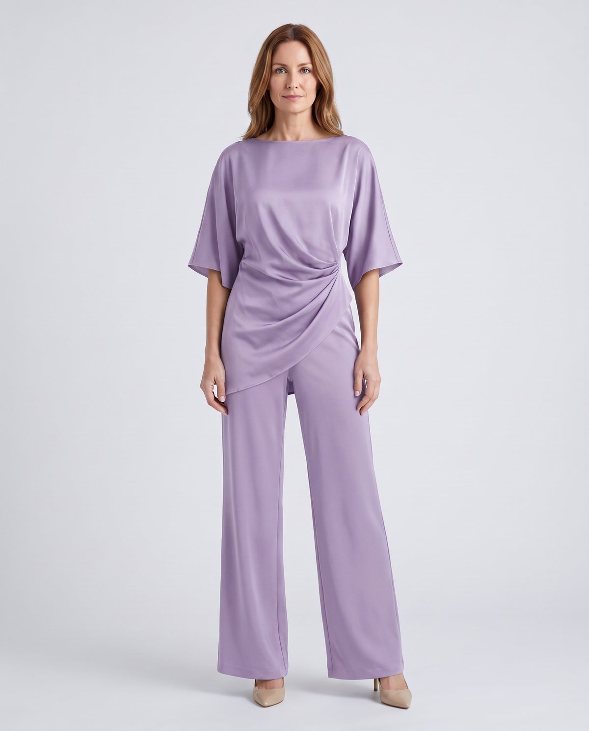Paige | Women's Satin-Feel Draped Top and Wide-Leg Trouser Set - Lavender
