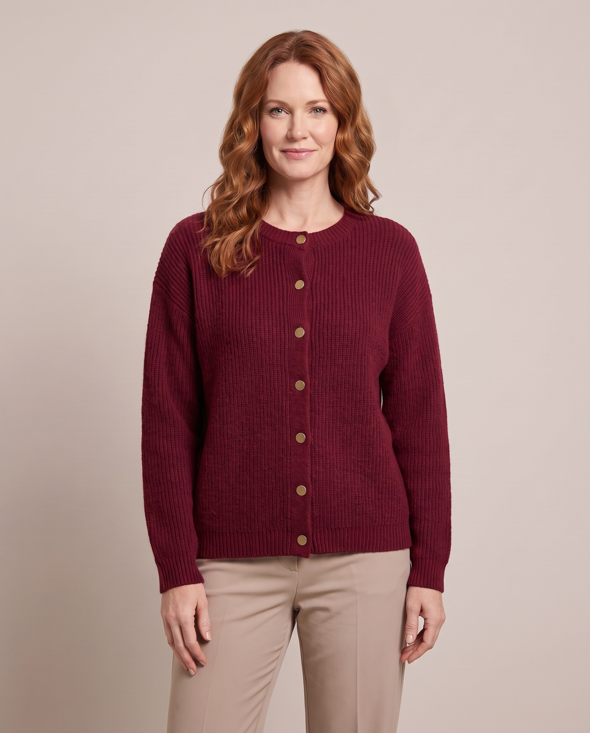 Noemi | Women's Button-Front Crew Neck Cardigan - Red