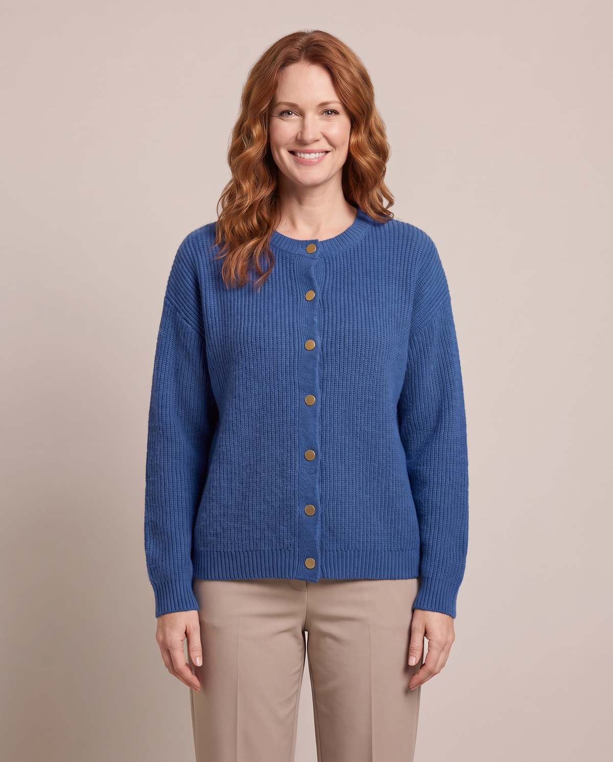 Noemi | Women's Button-Front Crew Neck Cardigan - Blue
