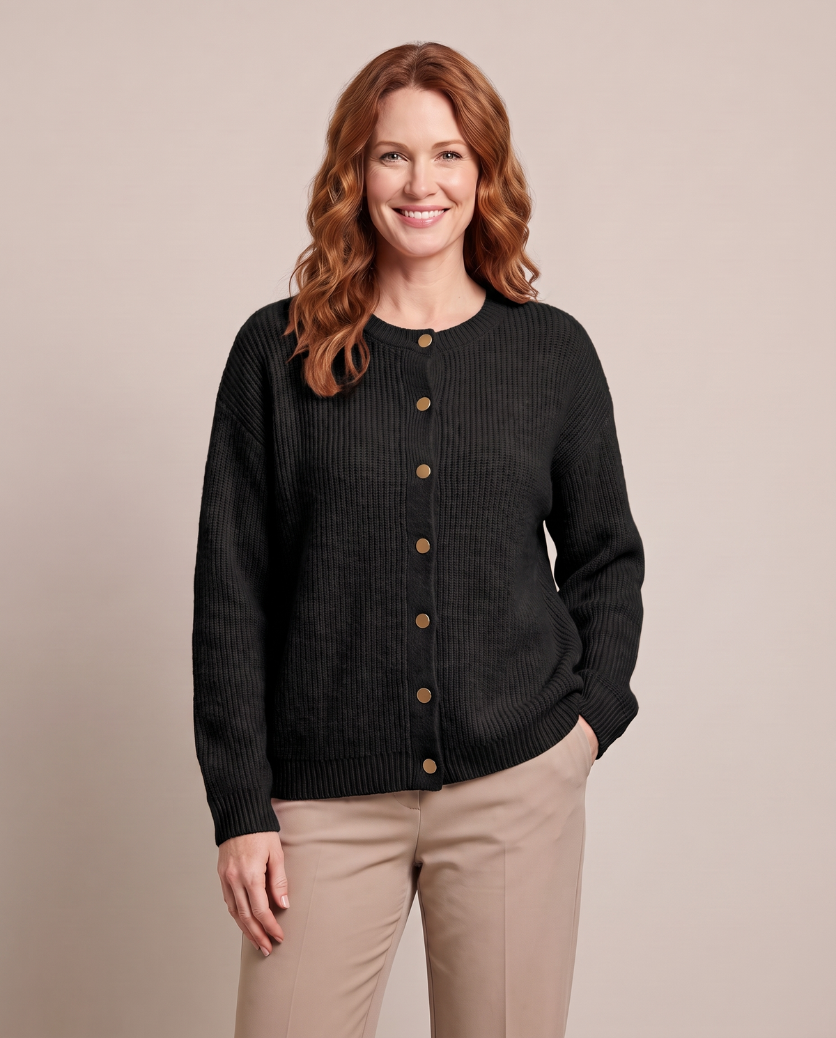 Noemi | Women's Button-Front Crew Neck Cardigan - Black