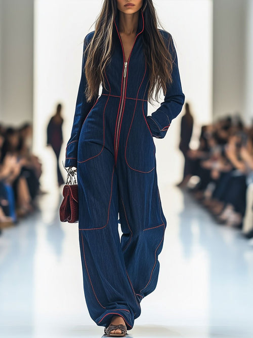 Marisol | Women's Red Denim Wide-Leg Jumpsuit