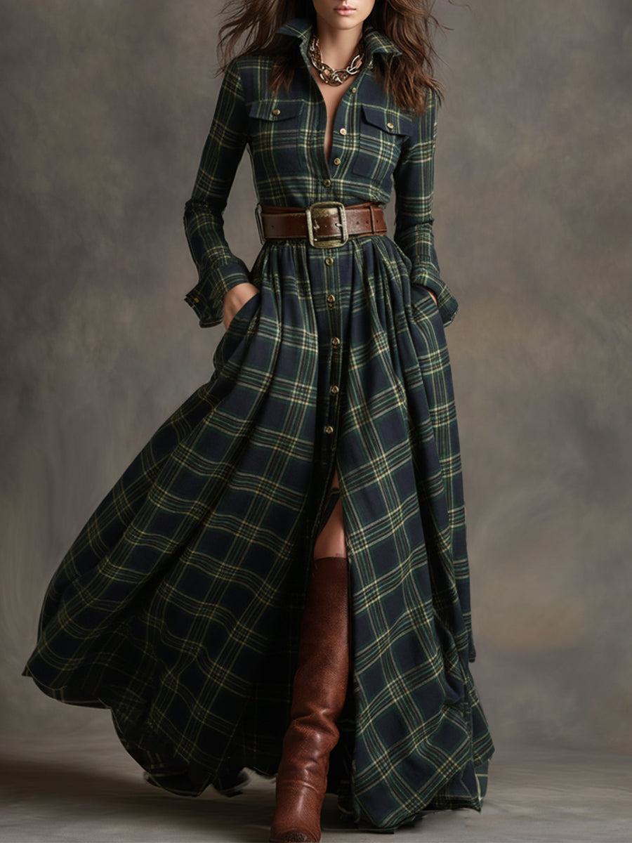 Johanna | Women's Retro Plaid Lapel Maxi Dress