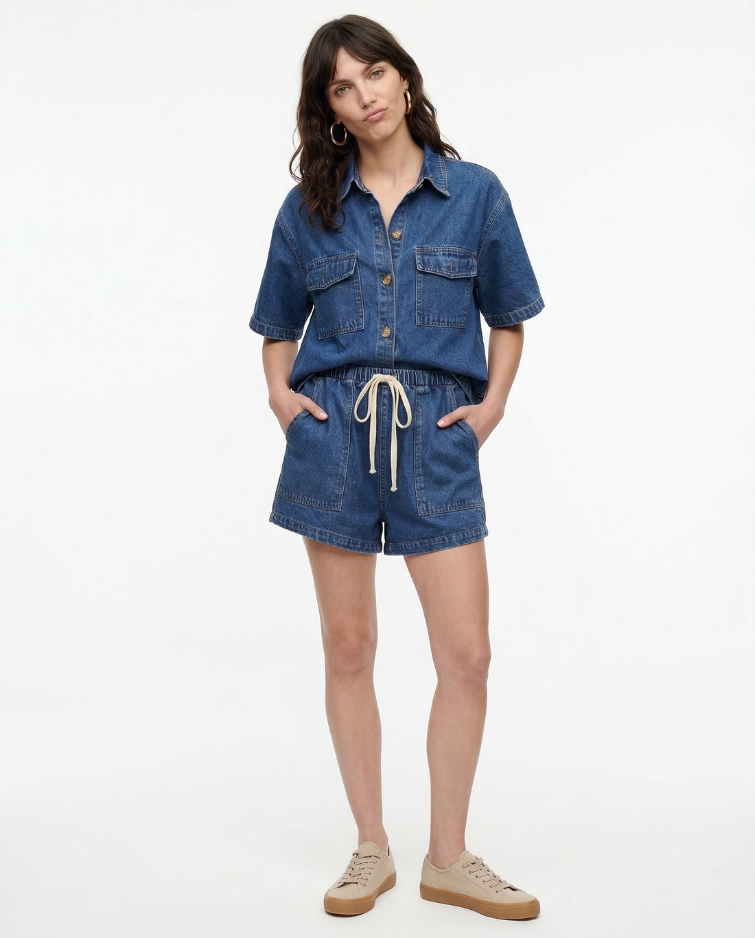 Leonie | Women's Denim Two Piece Short Sleeve Button Down Set