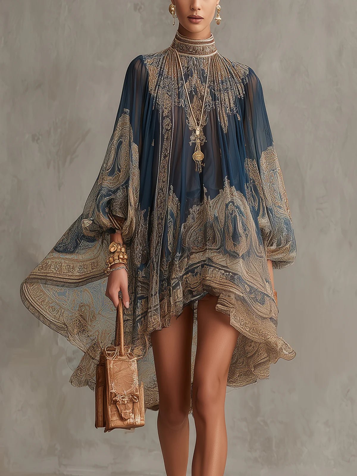 Ava | Women's Baroque Print High-Neck Asymmetric Chiffon Dress