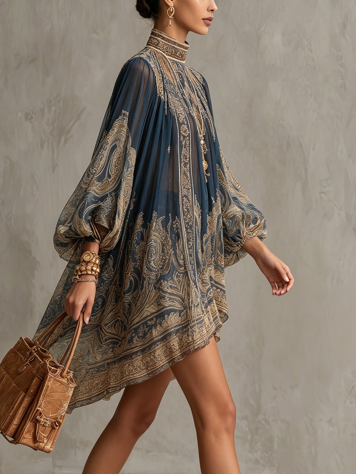 Ava | Women's Baroque Print High-Neck Asymmetric Chiffon Dress