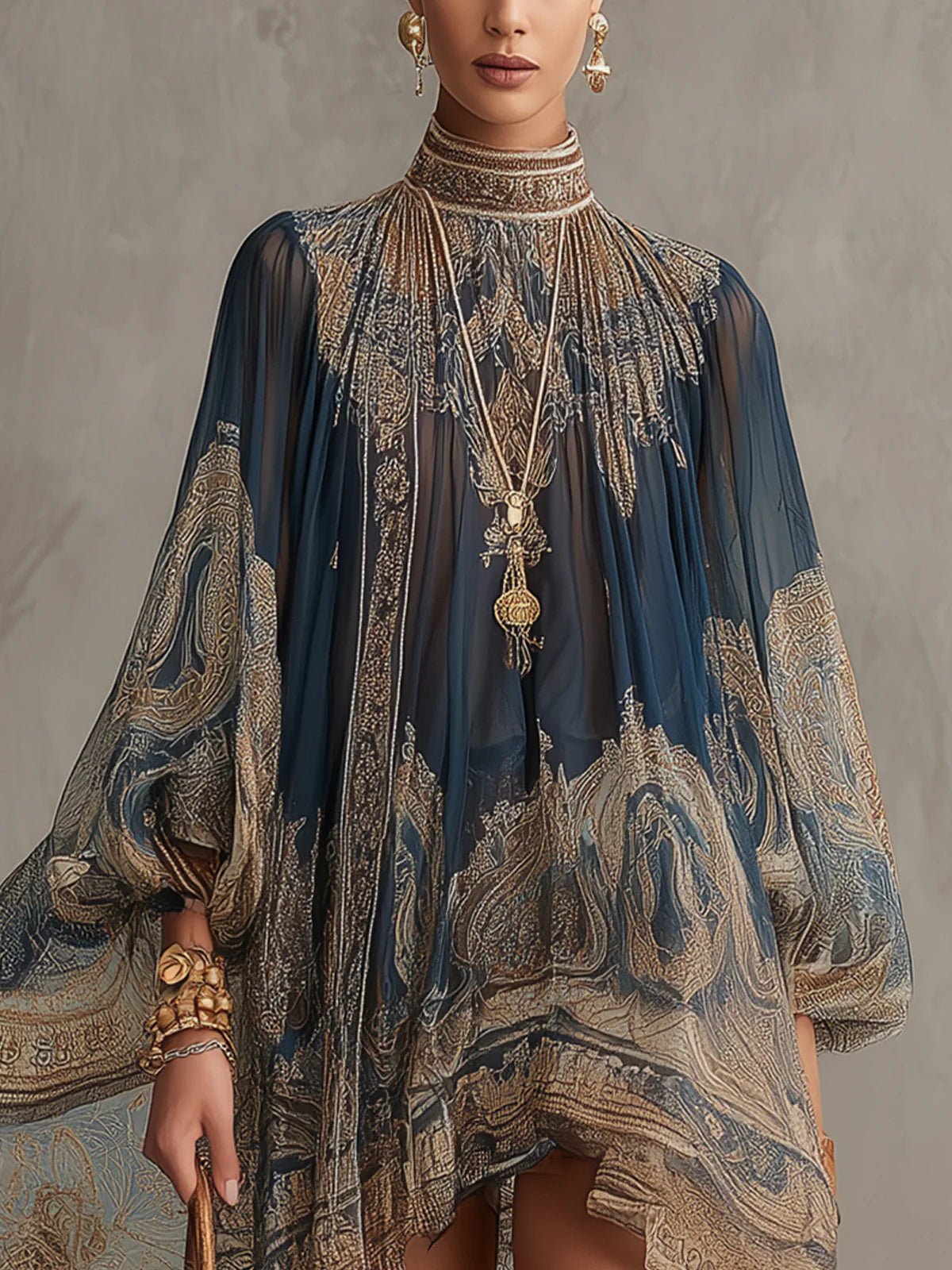 Ava | Women's Baroque Print High-Neck Asymmetric Chiffon Dress