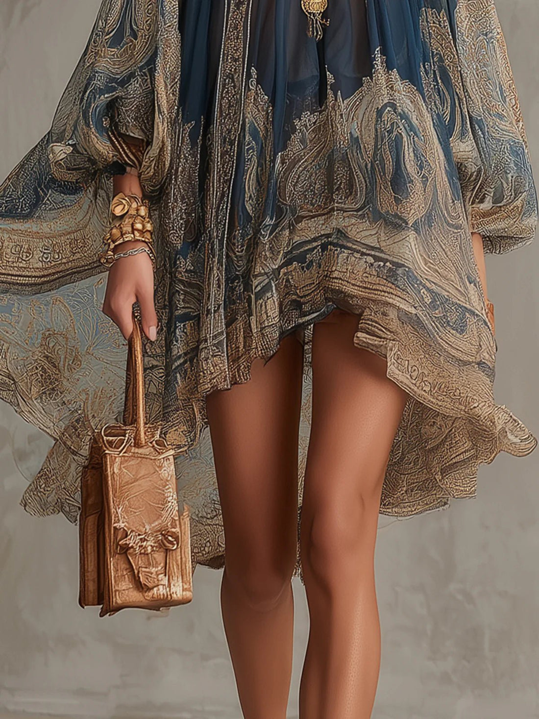 Ava | Women's Baroque Print High-Neck Asymmetric Chiffon Dress