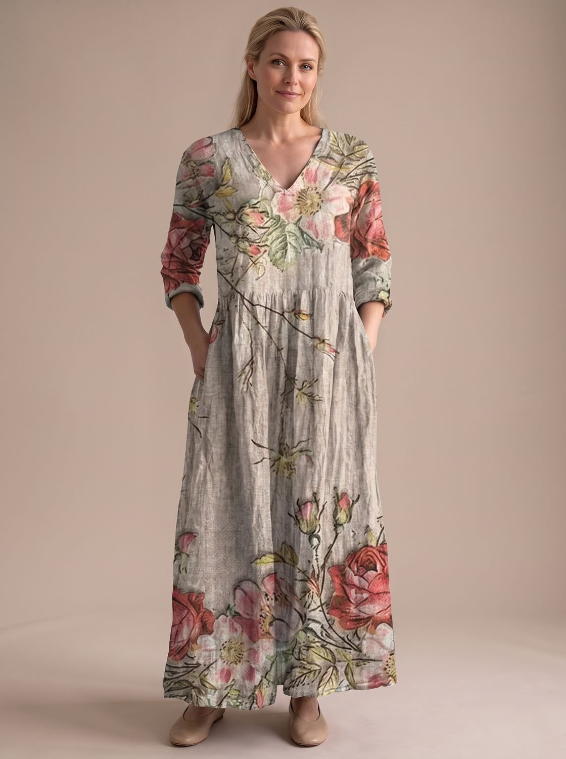 Eleanor | Women's Boho Floral V-Neck Long Sleeve Maxi Dress