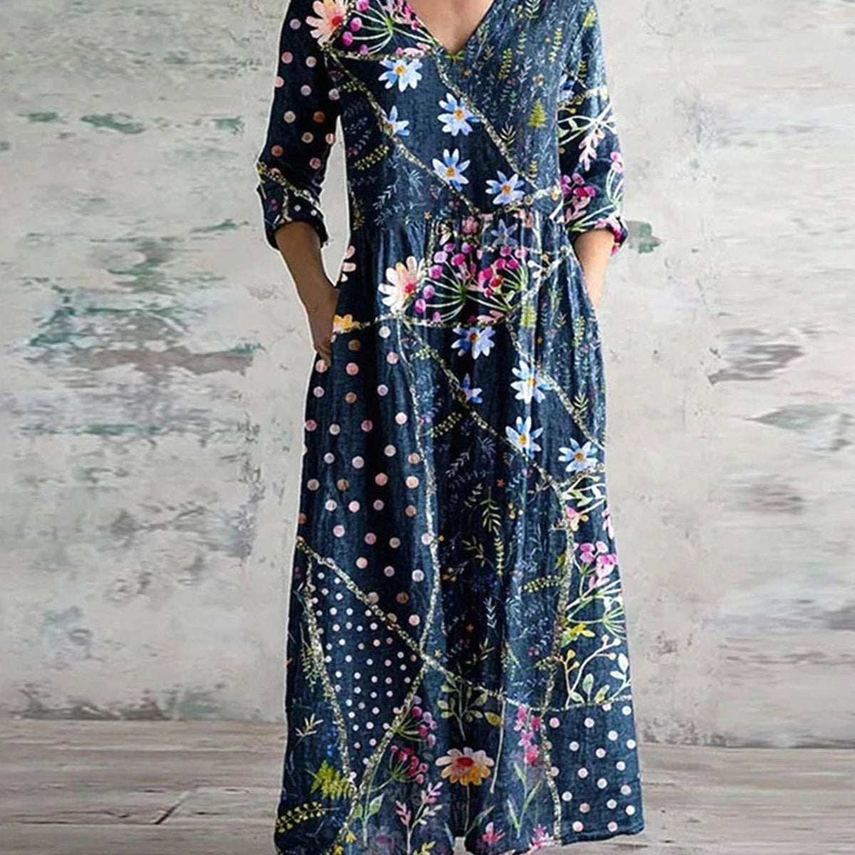 Eleanor | Women's Boho Floral V-Neck Long Sleeve Maxi Dress