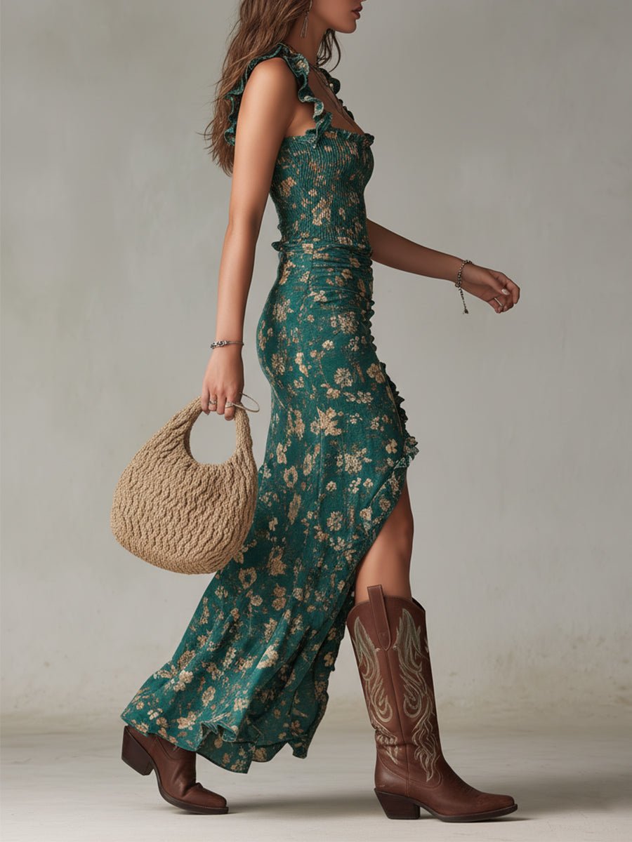 Isla | Women's Boho Floral Ruched Side-Slit Maxi Dress