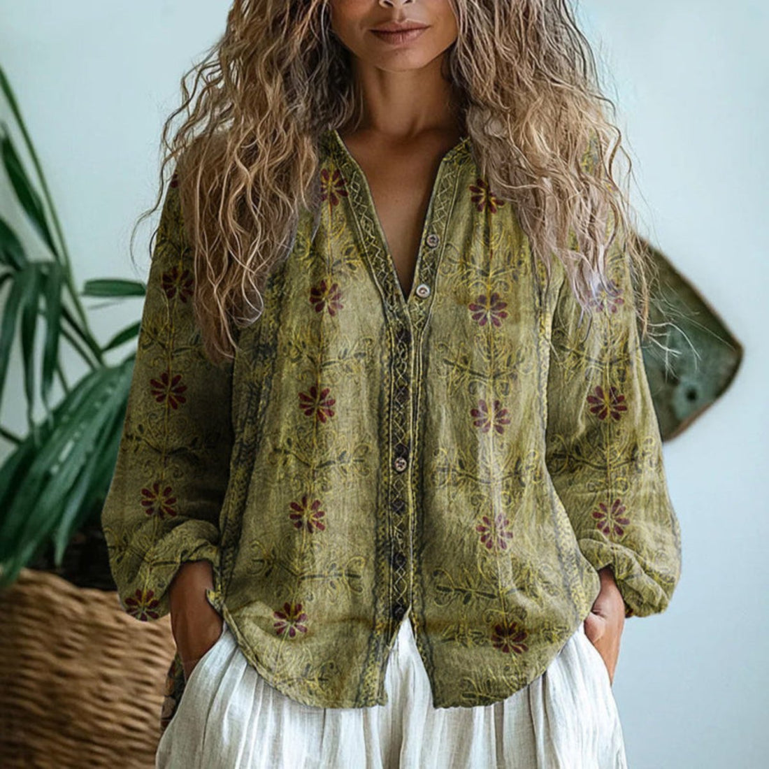 Cosette | Women's Boho Linen Button-Down Blouse