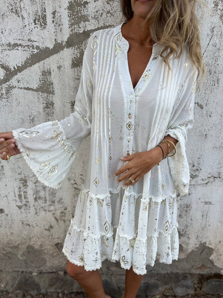 Willow | Women's Boho Tiered V-Neck Gold-Detail Midi Dress