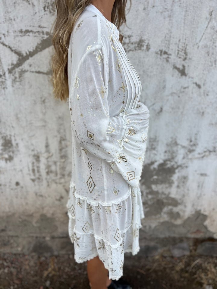 Willow | Women's Boho Tiered V-Neck Gold-Detail Midi Dress