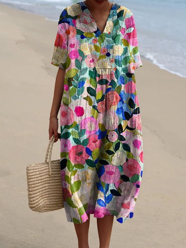 Florence | Women's Boho V-Neck Relaxed-Fit Striped Midi Dress