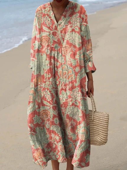 Florence | Women's Boho V-Neck Relaxed-Fit Striped Midi Dress