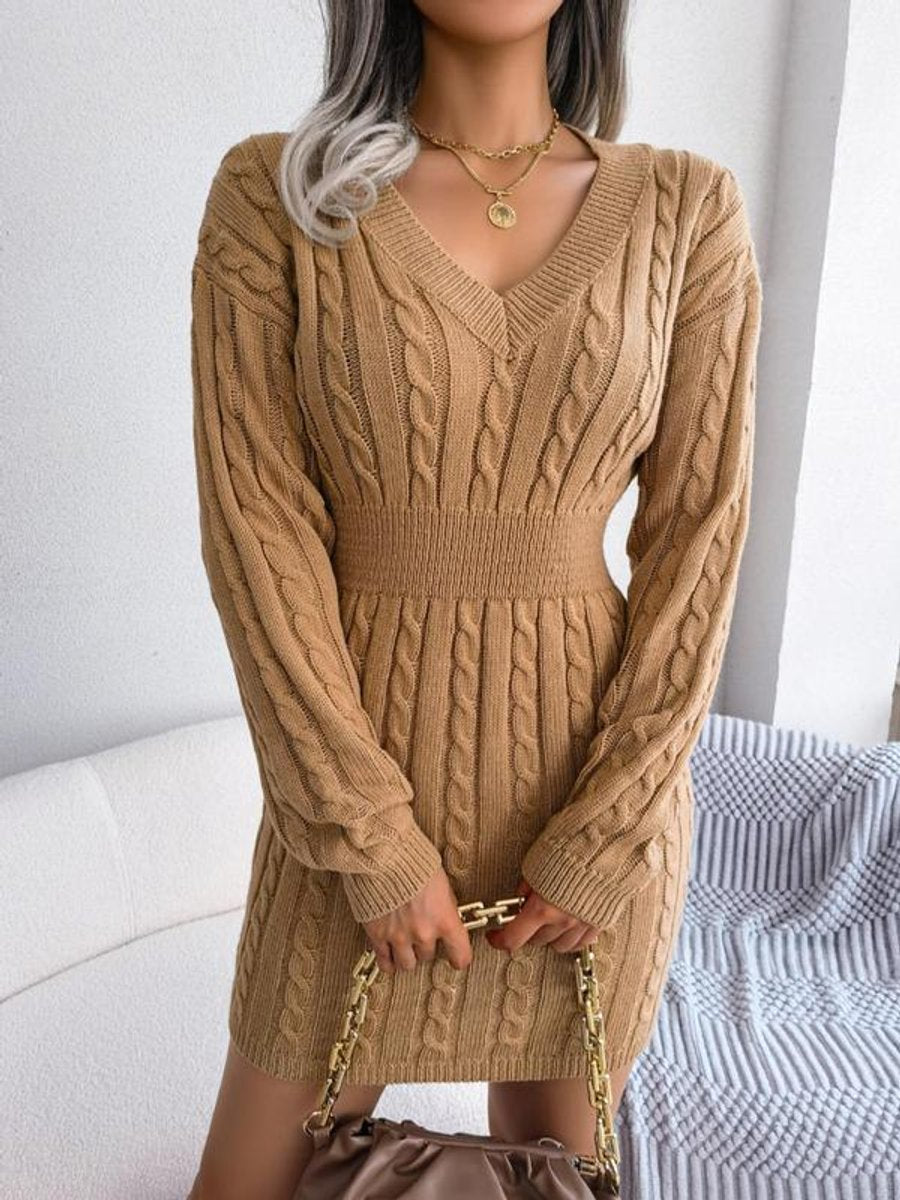 Lily | Women's Cable-Knit V-Neck Long Sleeve Formal Mini Dress