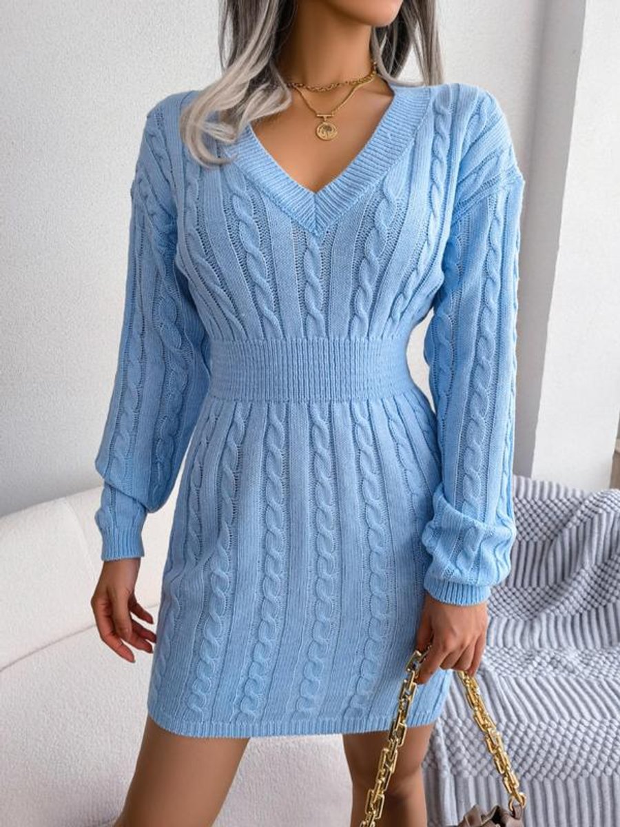 Lily | Women's Cable-Knit V-Neck Long Sleeve Formal Mini Dress
