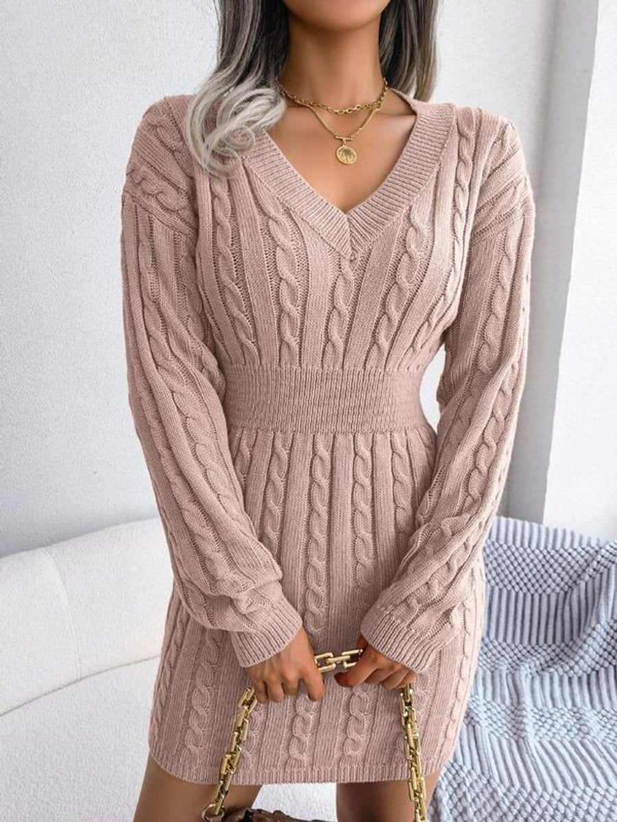 Lily | Women's Cable-Knit V-Neck Long Sleeve Formal Mini Dress