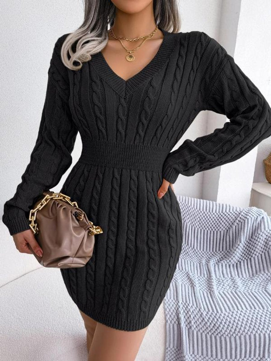 Lily | Women's Cable-Knit V-Neck Long Sleeve Formal Mini Dress