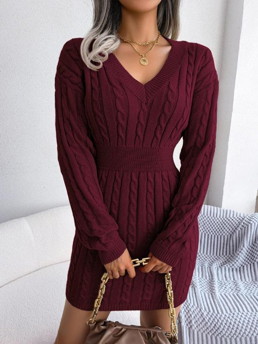 Lily | Women's Cable-Knit V-Neck Long Sleeve Formal Mini Dress
