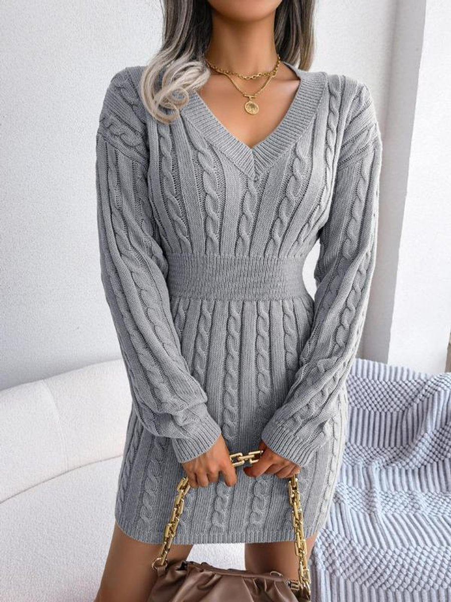 Lily | Women's Cable-Knit V-Neck Long Sleeve Formal Mini Dress