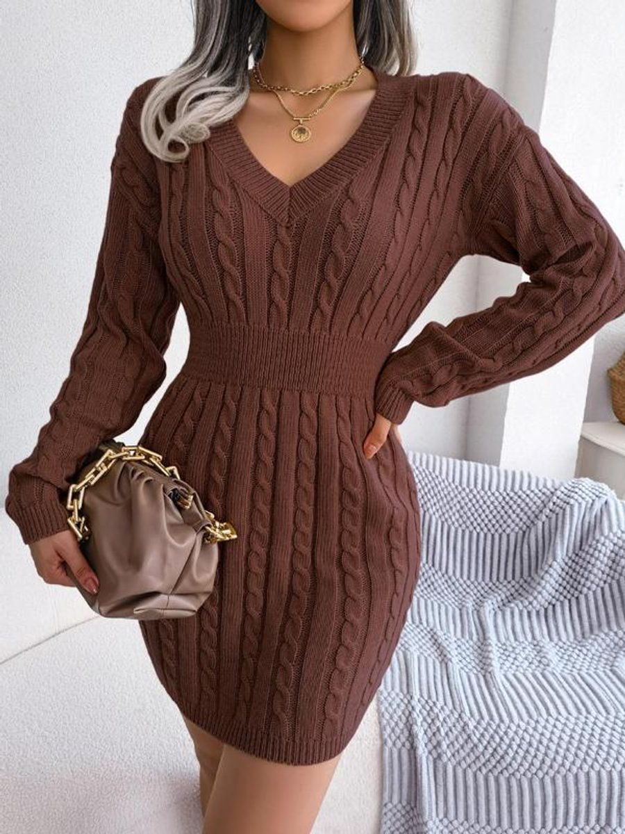 Lily | Women's Cable-Knit V-Neck Long Sleeve Formal Mini Dress