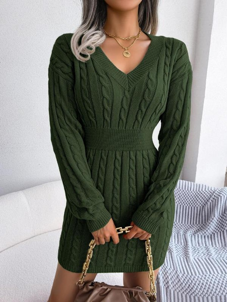 Lily | Women's Cable-Knit V-Neck Long Sleeve Formal Mini Dress
