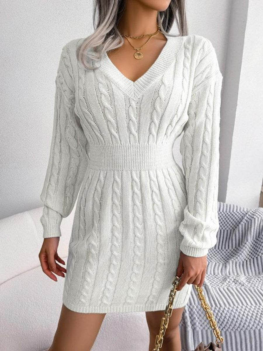 Lily | Women's Cable-Knit V-Neck Long Sleeve Formal Mini Dress