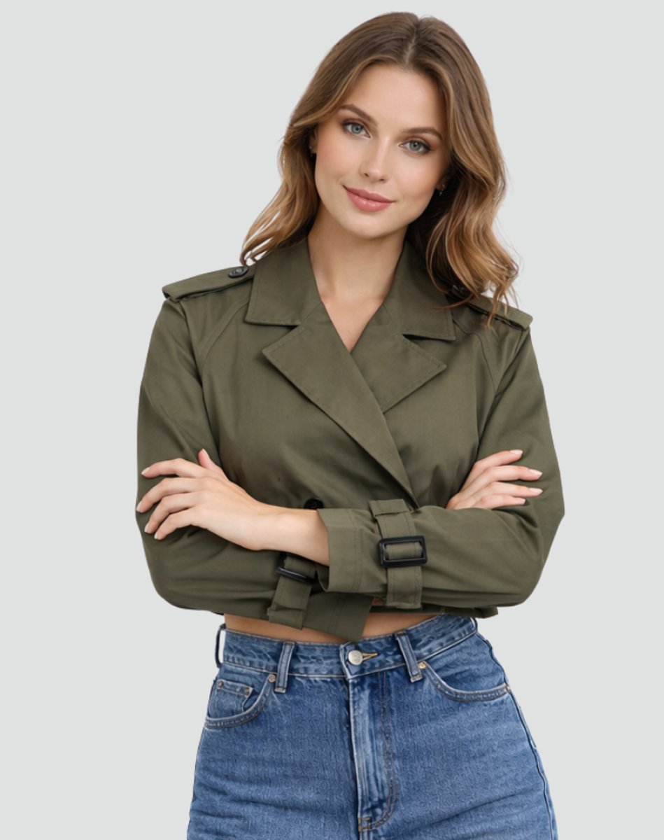Amelia | Women's Cropped Double-Breasted Belted Trench Coat Jacket