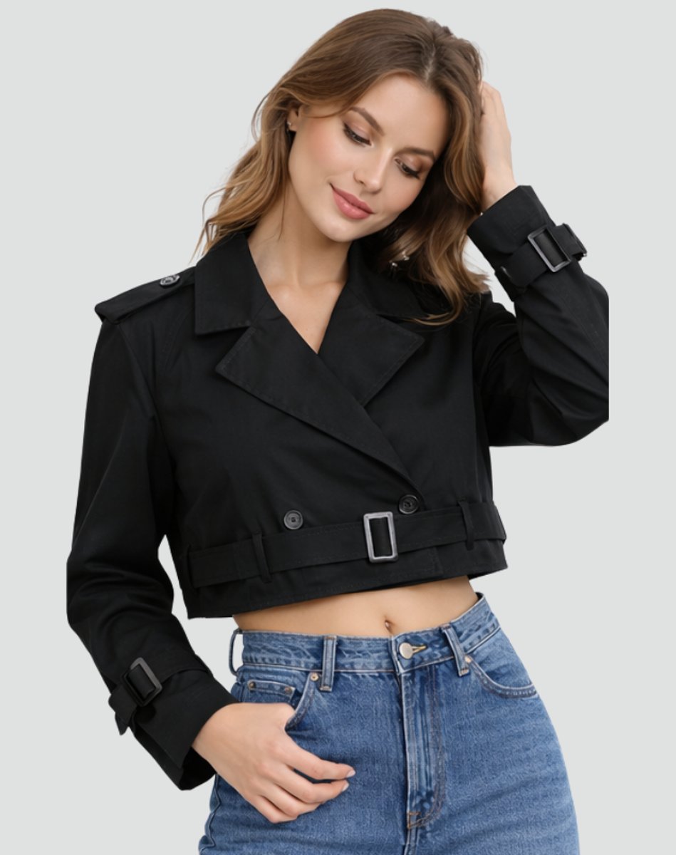 Amelia | Women's Cropped Double-Breasted Belted Trench Coat Jacket