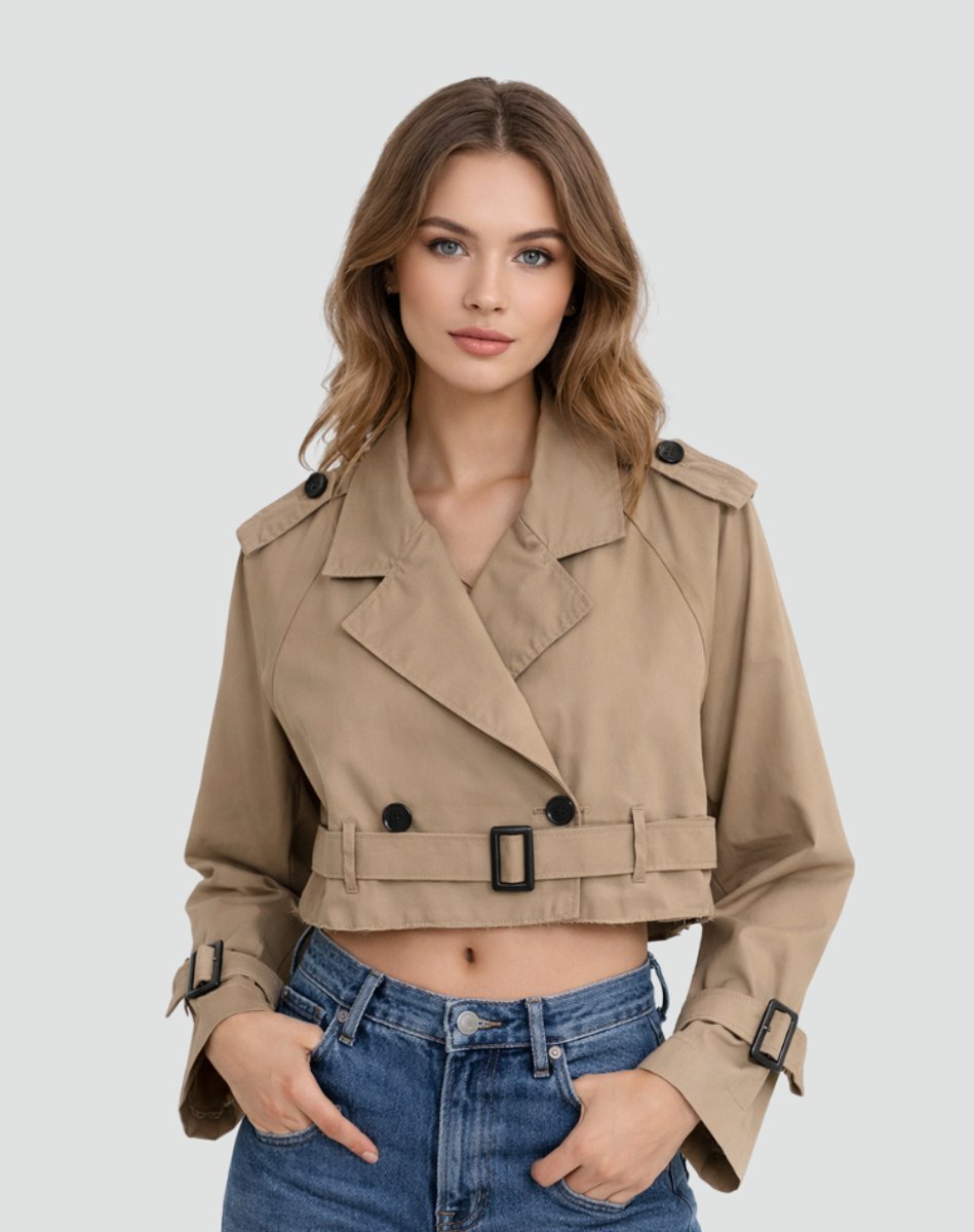 Amelia | Women's Cropped Double-Breasted Belted Trench Coat Jacket