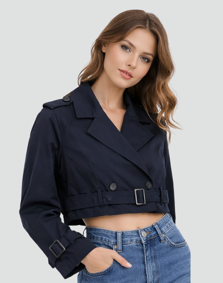 Amelia | Women's Cropped Double-Breasted Belted Trench Coat Jacket