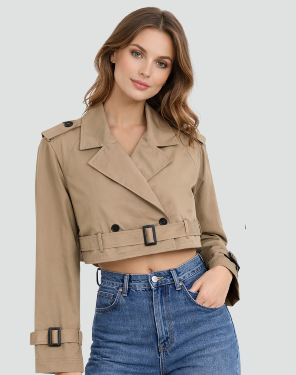 Amelia | Women's Cropped Double-Breasted Belted Trench Coat Jacket
