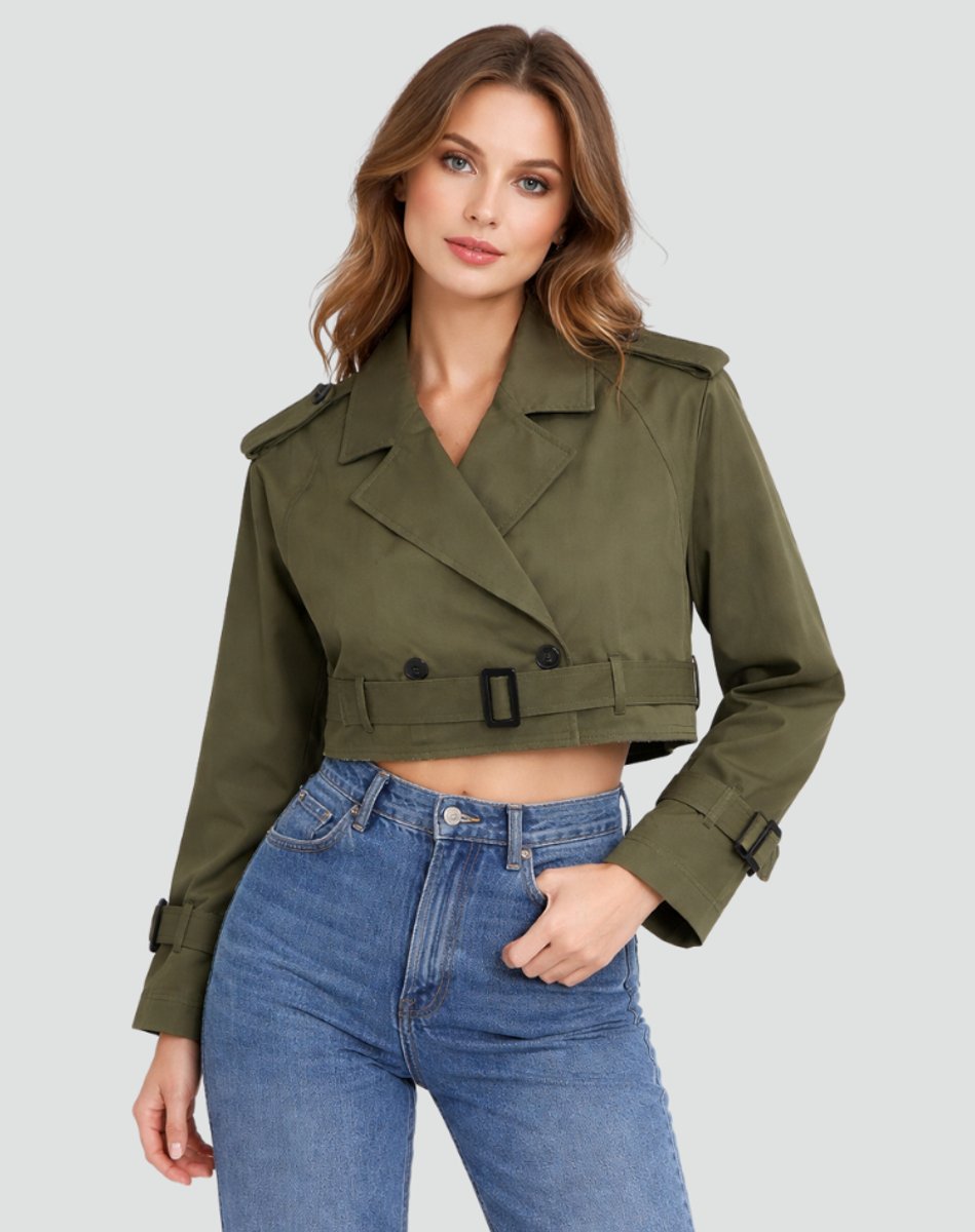 Amelia | Women's Cropped Double-Breasted Belted Trench Coat Jacket