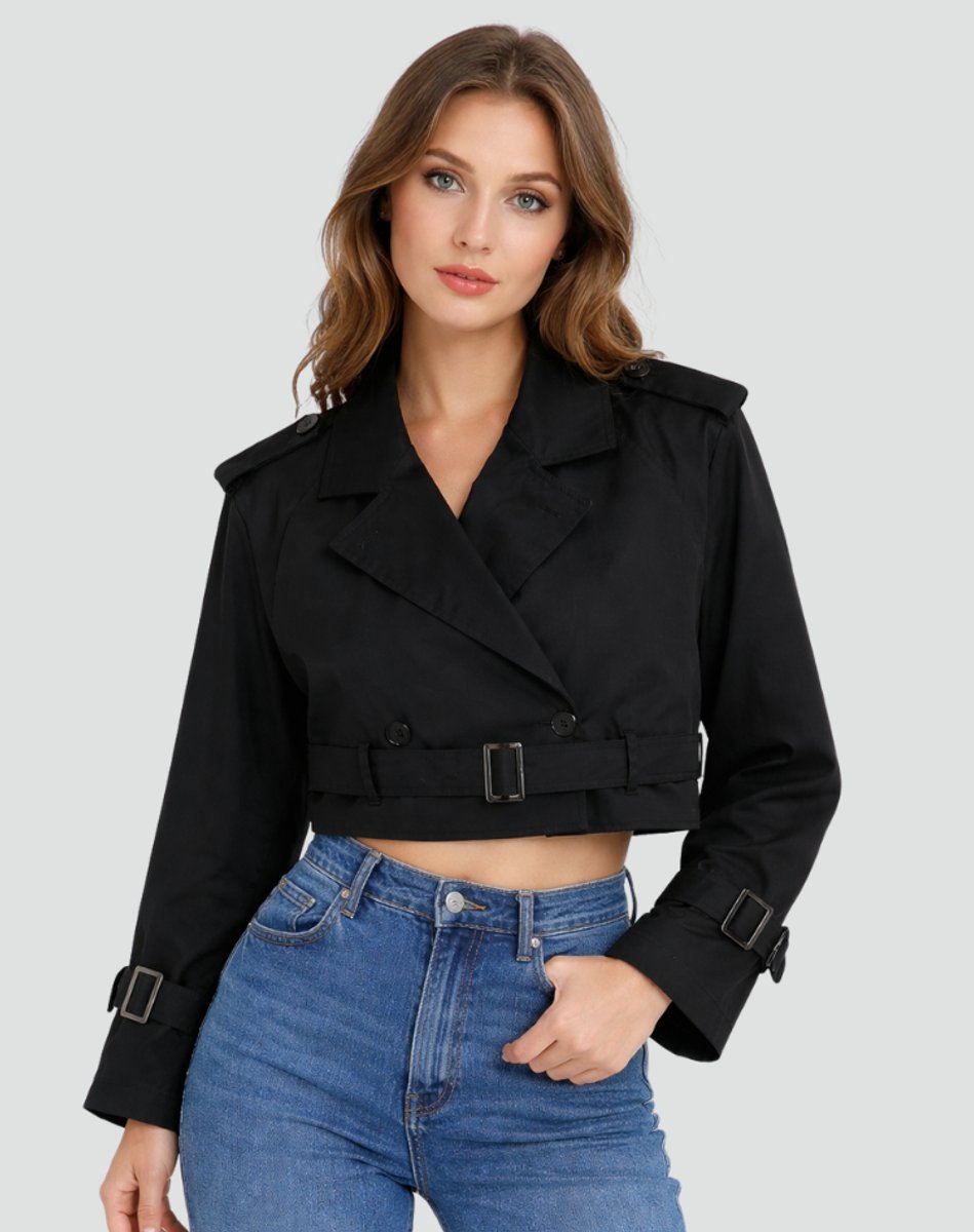 Amelia | Women's Cropped Double-Breasted Belted Trench Coat Jacket