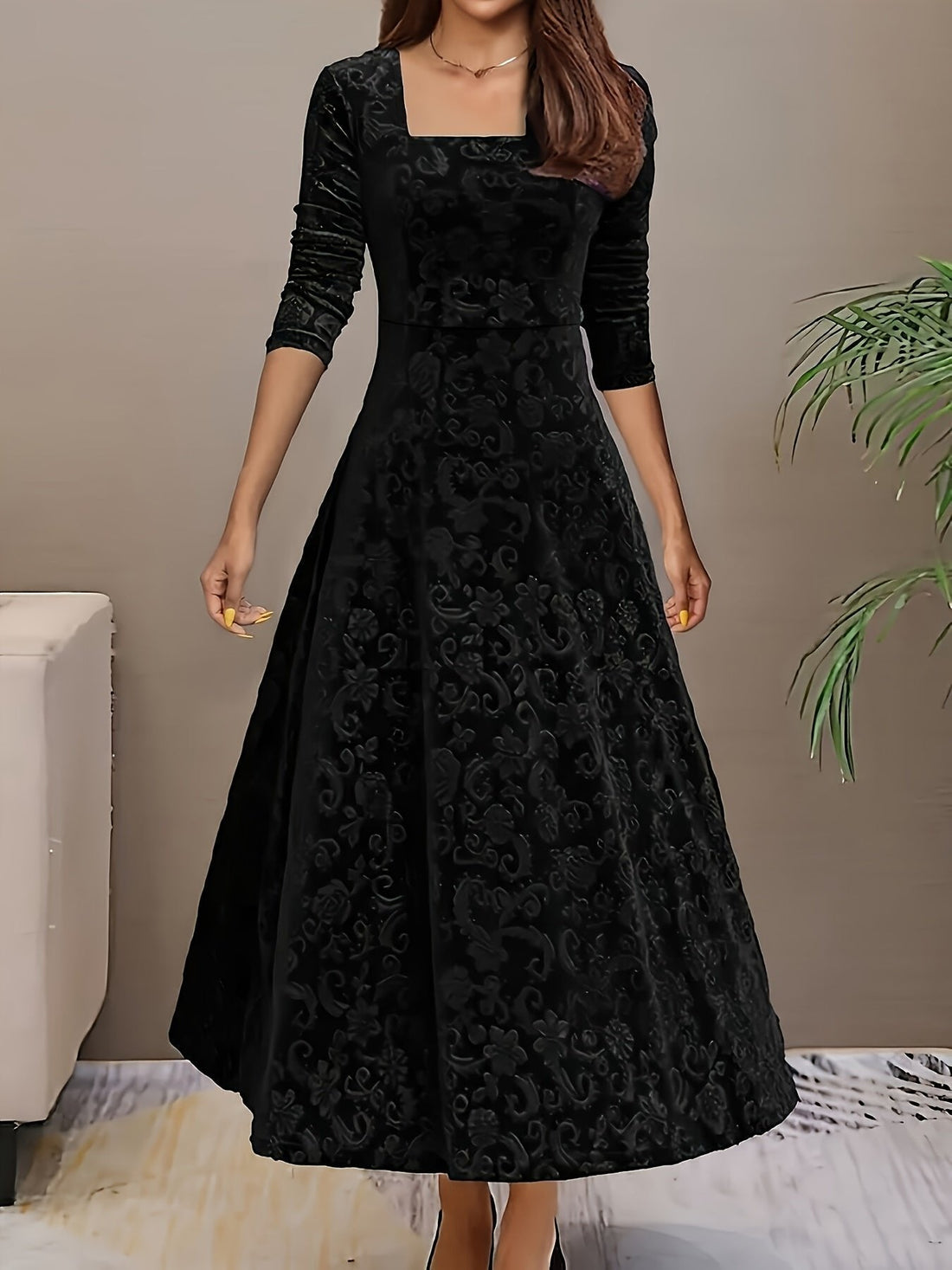 Delphine | Women's Embossed Velvet A-Line Midi Dress