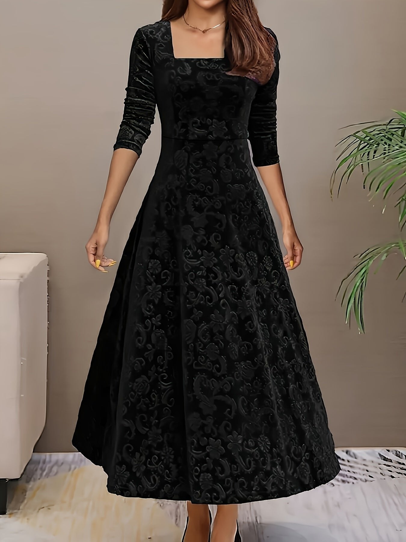 Delphine | Women's Embossed Velvet A-Line Midi Dress