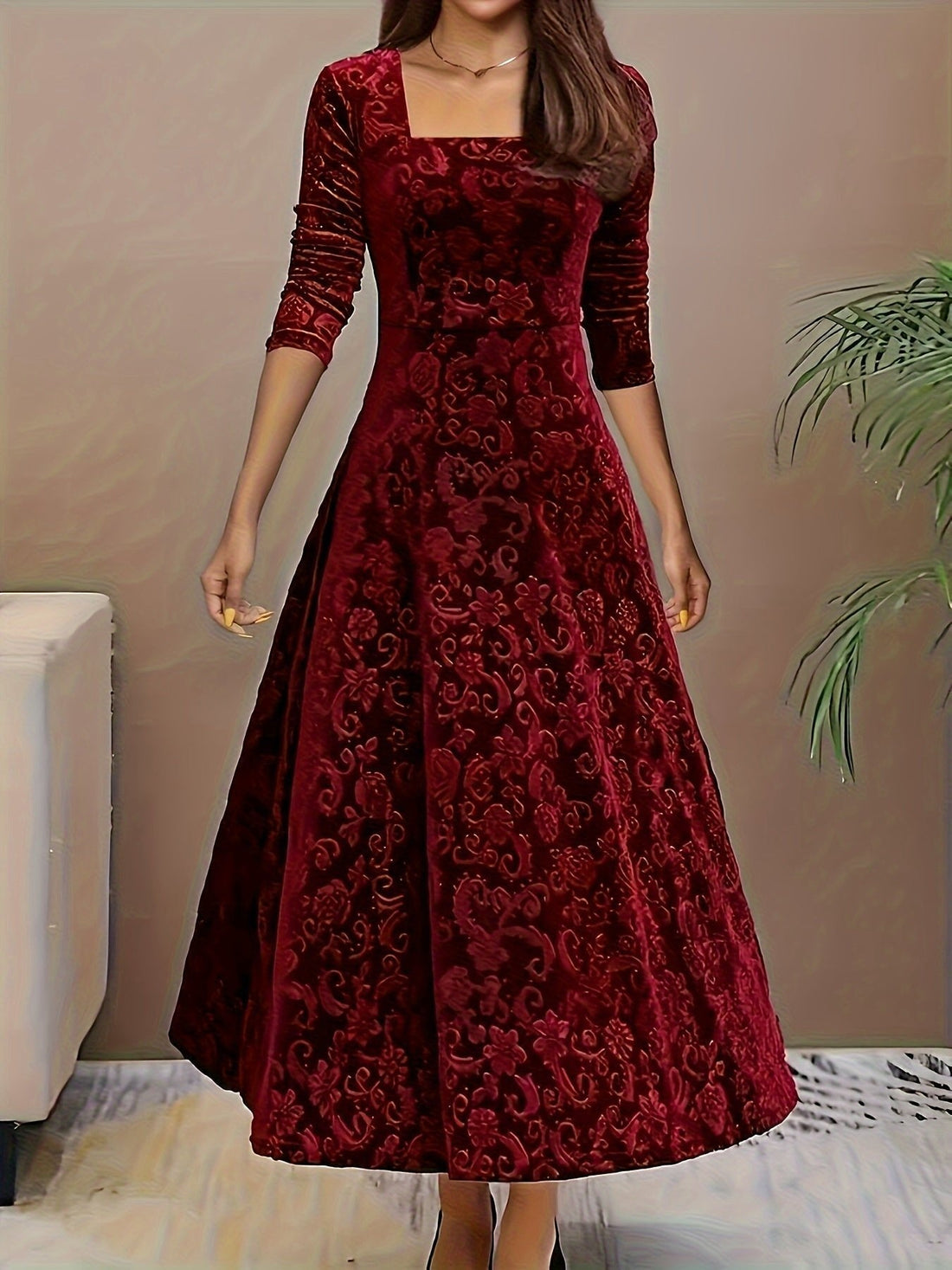 Delphine | Women's Embossed Velvet A-Line Midi Dress