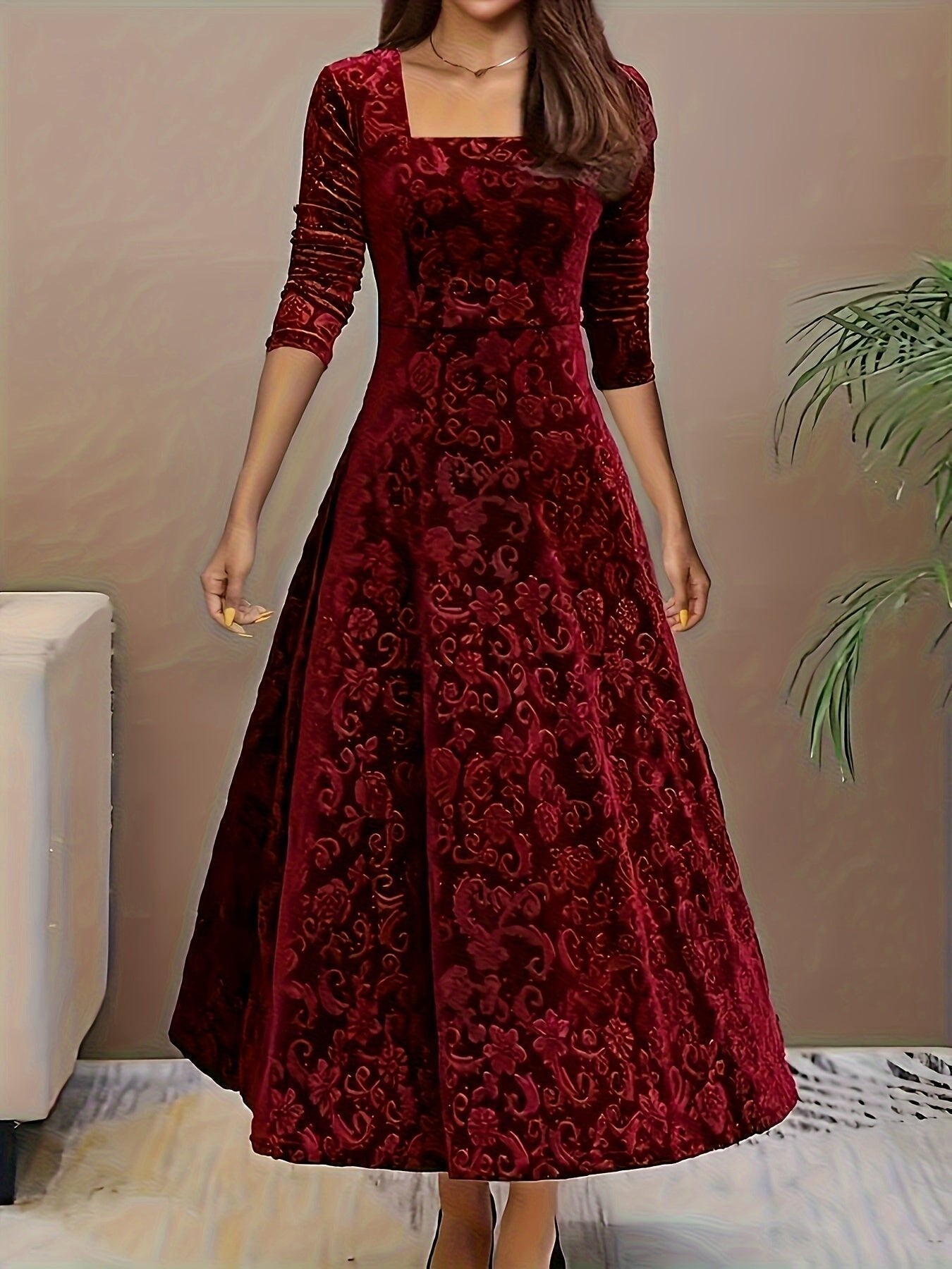 Delphine | Women's Embossed Velvet A-Line Midi Dress