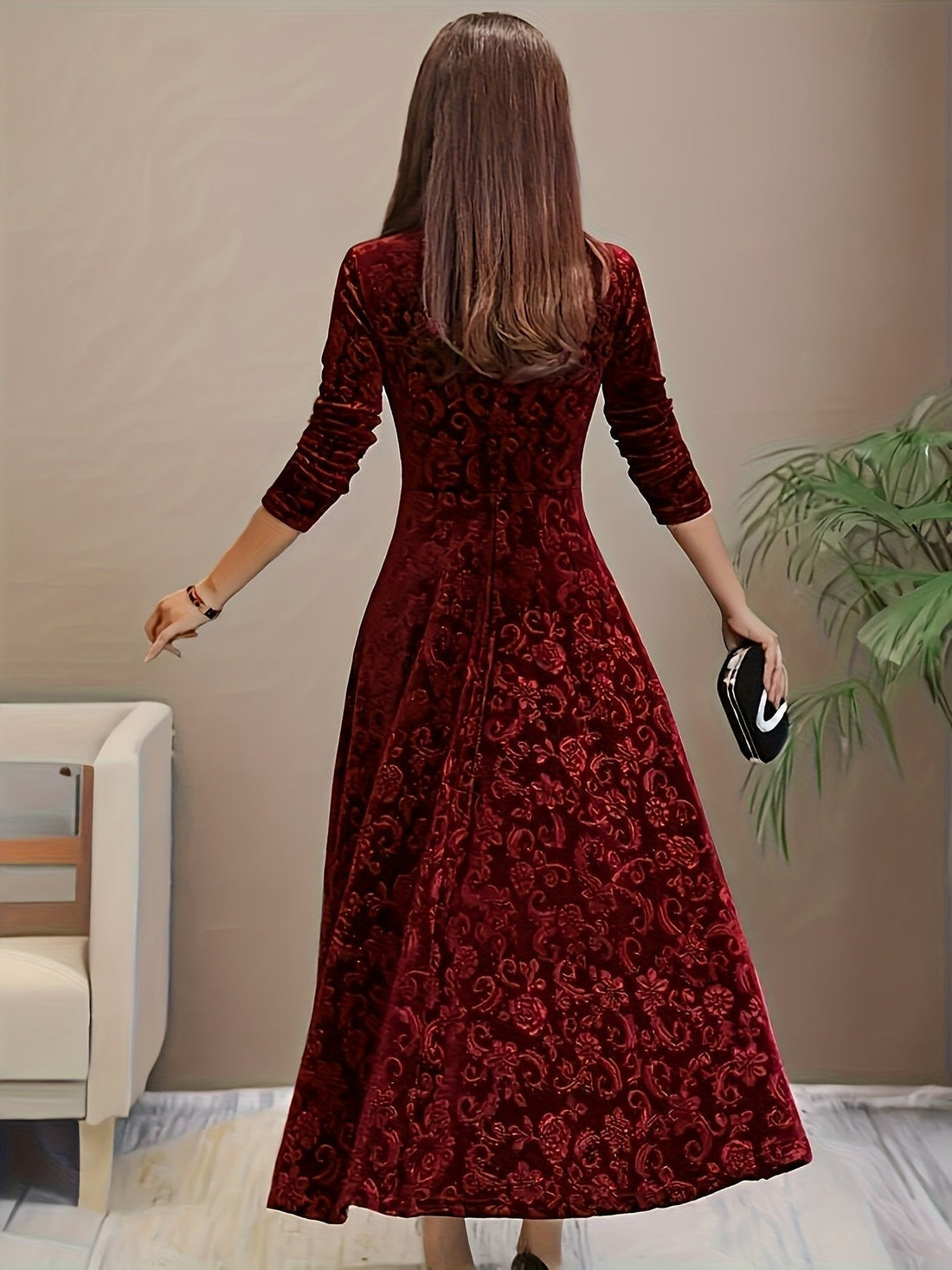 Delphine | Women's Embossed Velvet A-Line Midi Dress