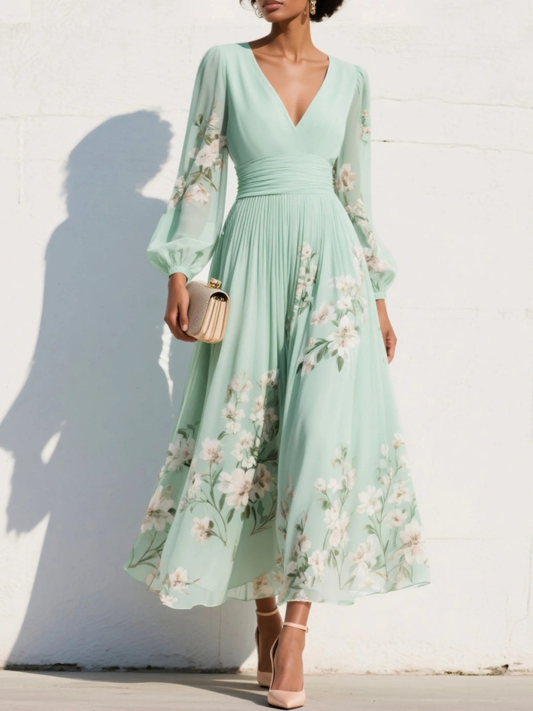 Freya | Women's Floral V-Neck Balloon-Sleeve Midi Dress