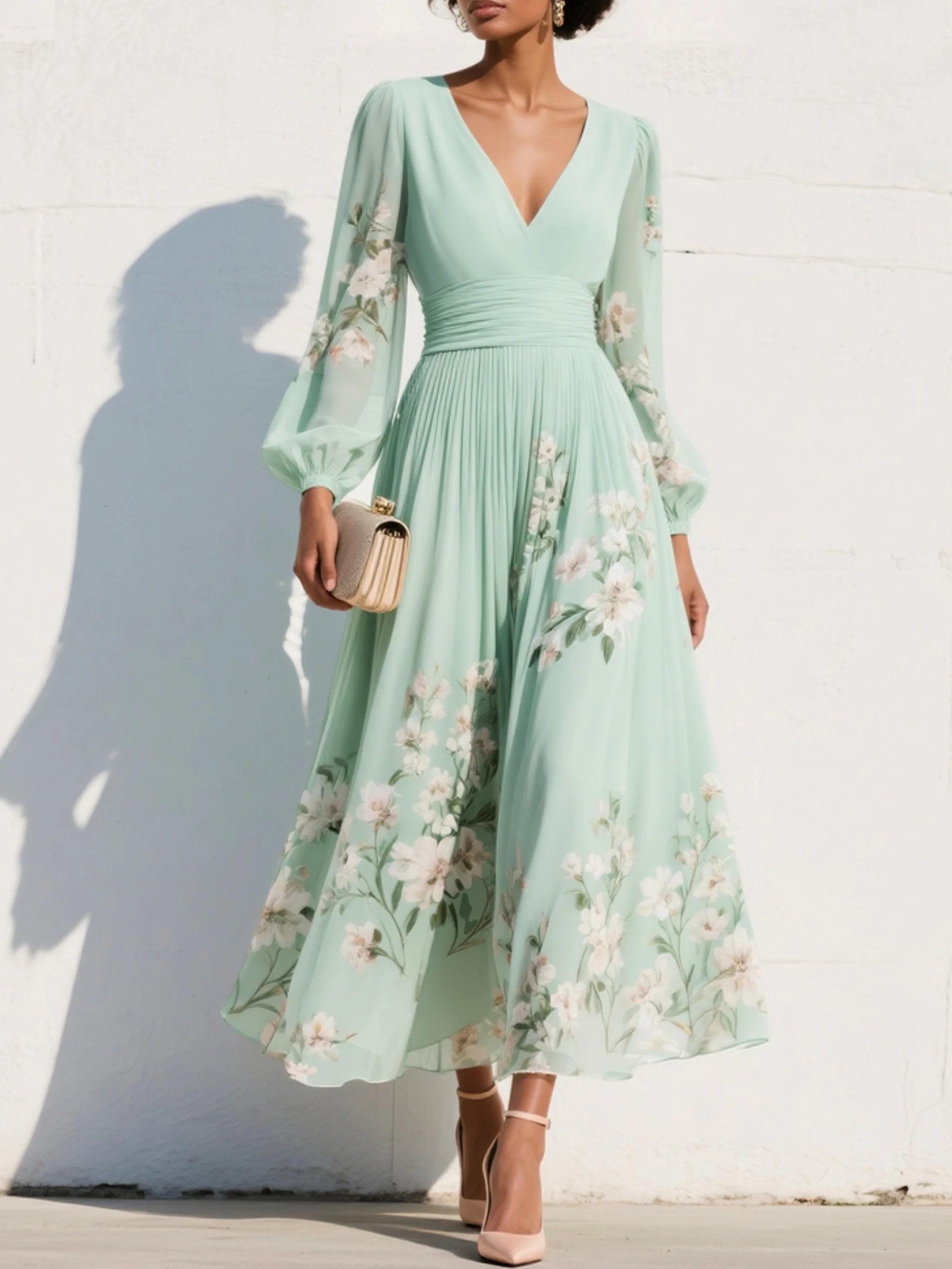 Freya | Women's Floral V-Neck Balloon-Sleeve Midi Dress