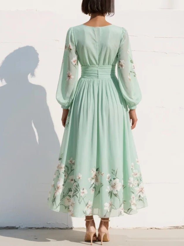 Freya | Women's Floral V-Neck Balloon-Sleeve Midi Dress