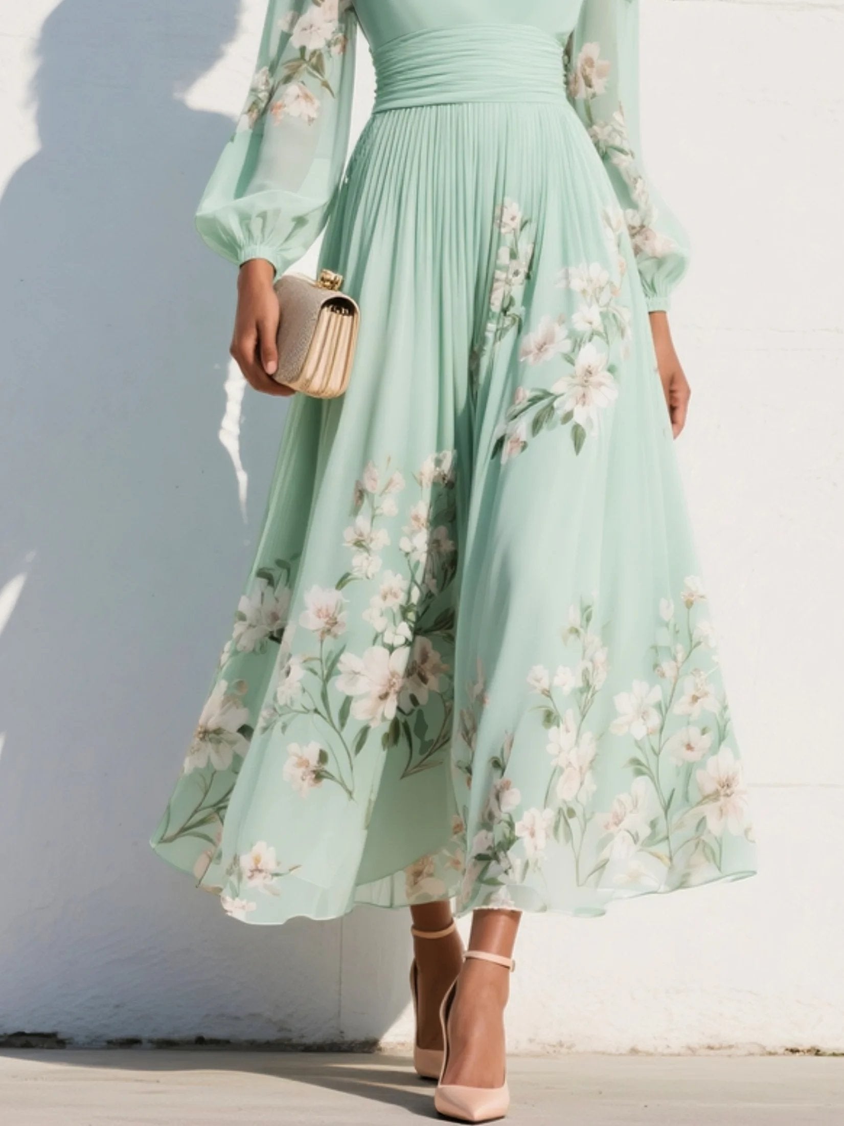 Freya | Women's Floral V-Neck Balloon-Sleeve Midi Dress