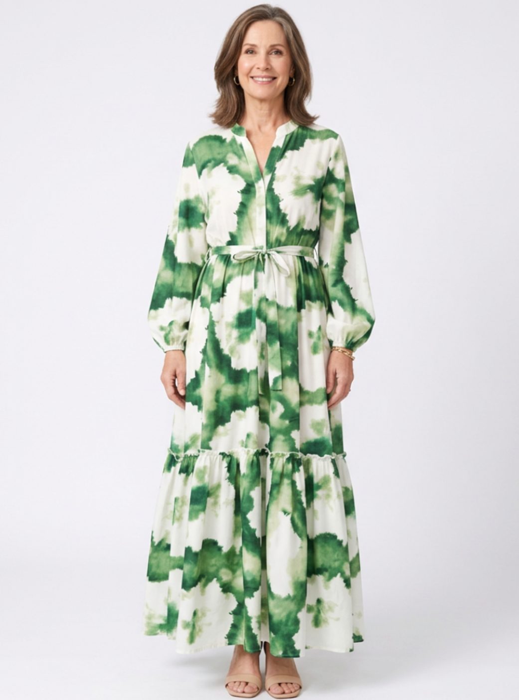 Olive | Women's Long-Sleeve Tie-Waist Tiered Maxi Dress