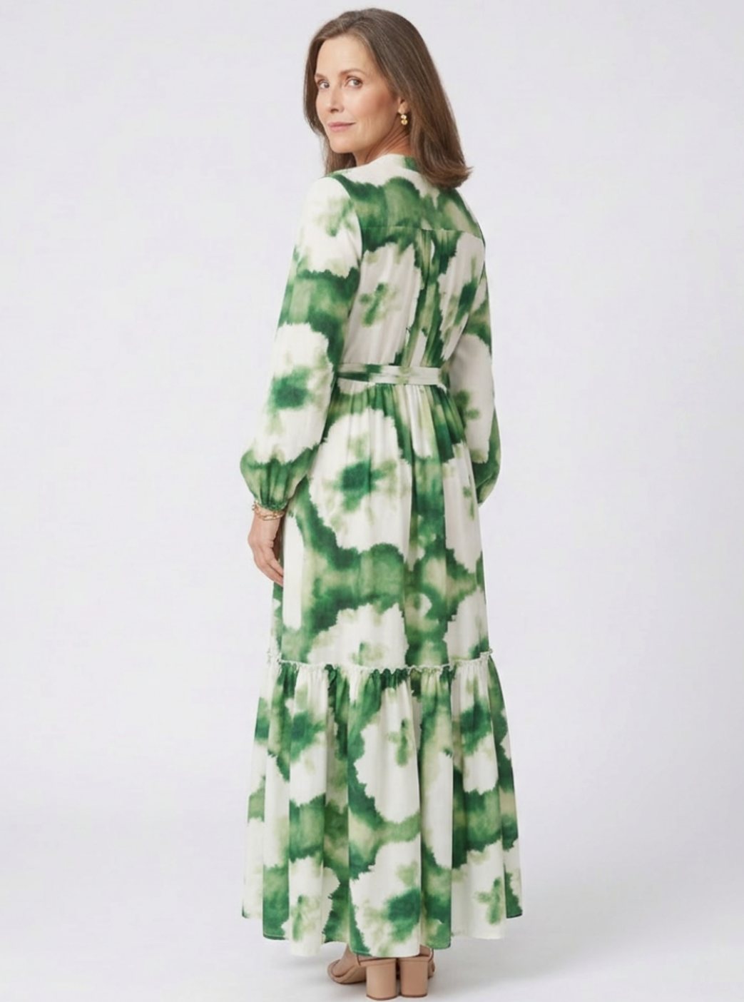Olive | Women's Long-Sleeve Tie-Waist Tiered Maxi Dress