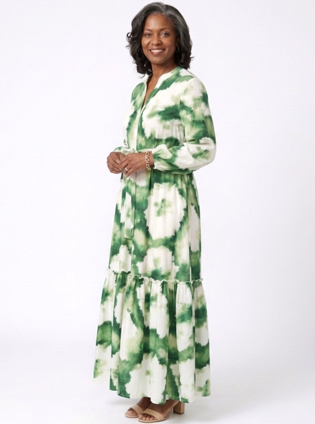 Olive | Women's Long-Sleeve Tie-Waist Tiered Maxi Dress