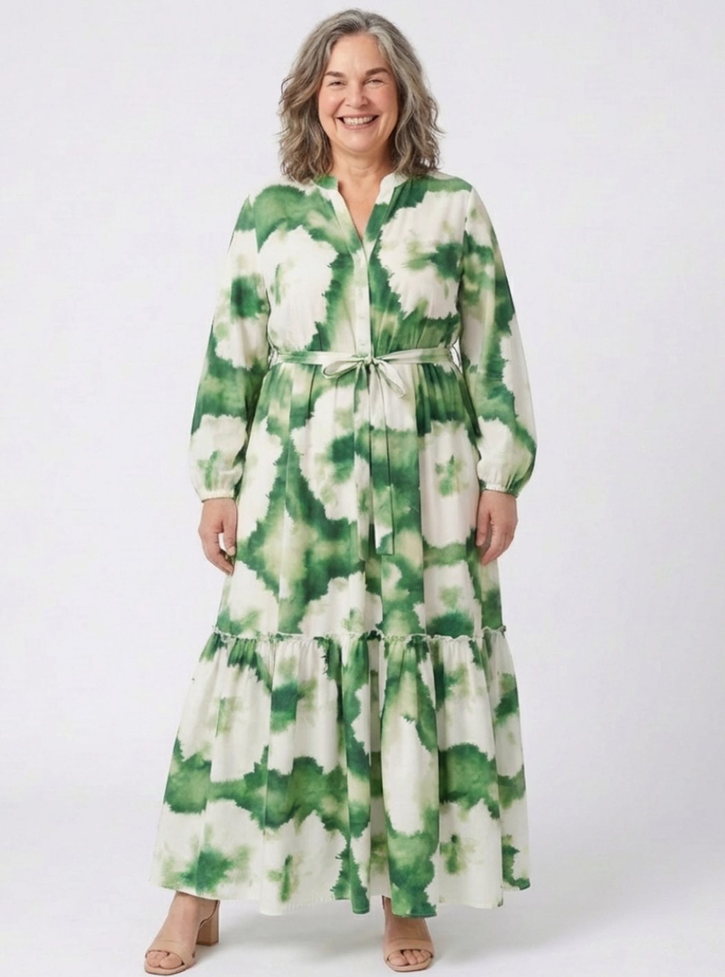 Olive | Women's Long-Sleeve Tie-Waist Tiered Maxi Dress