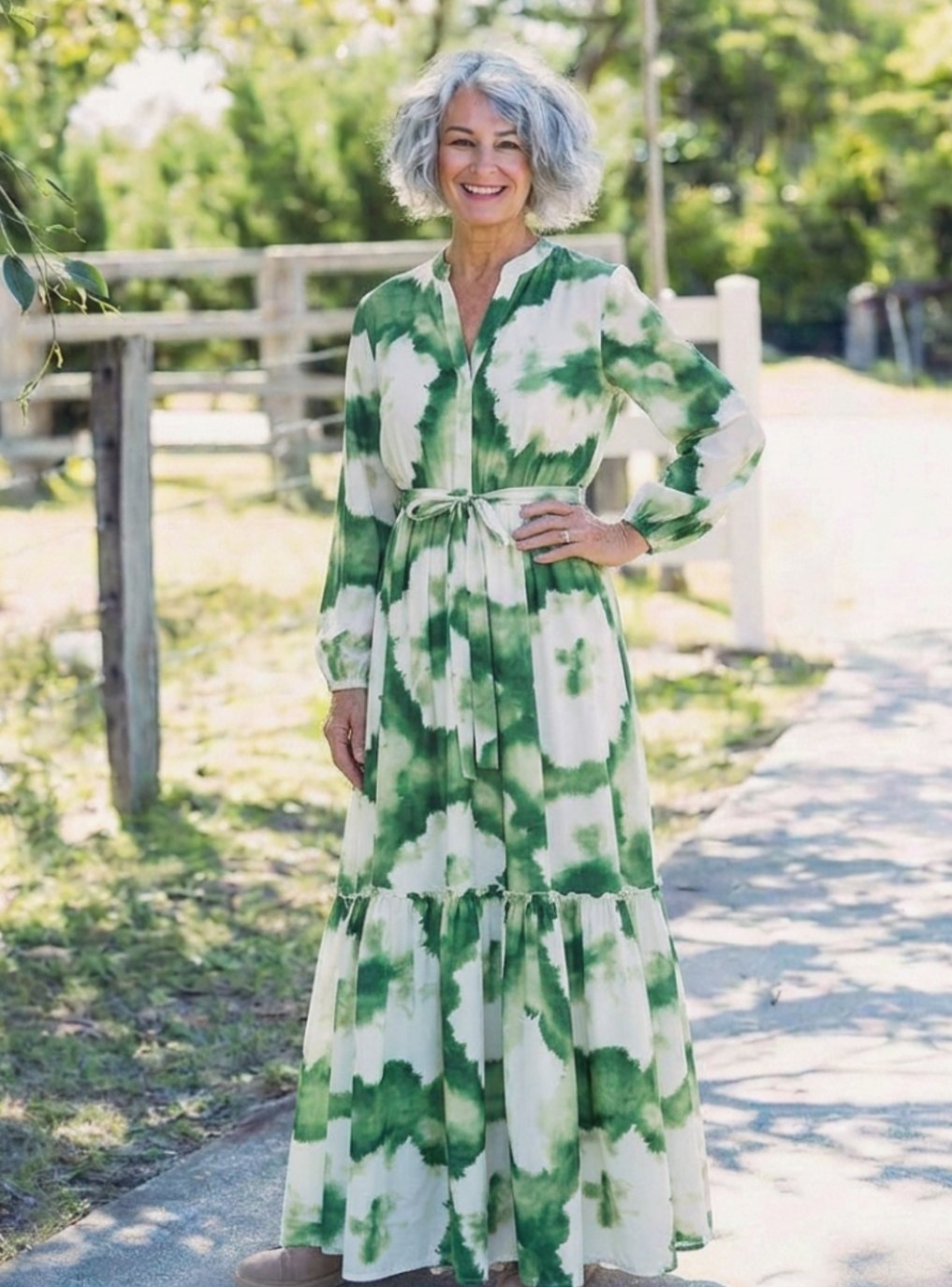 Olive | Women's Long-Sleeve Tie-Waist Tiered Maxi Dress